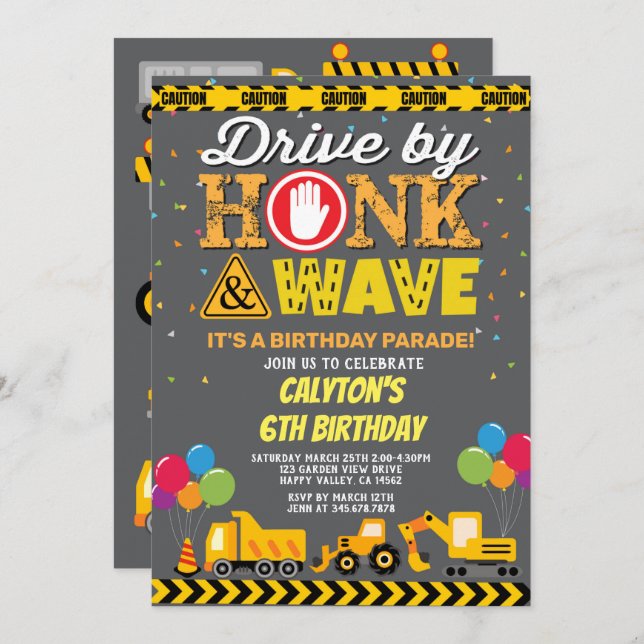 Drive By Boy Birthday Parade Construction Trucks Invitation (Front/Back)