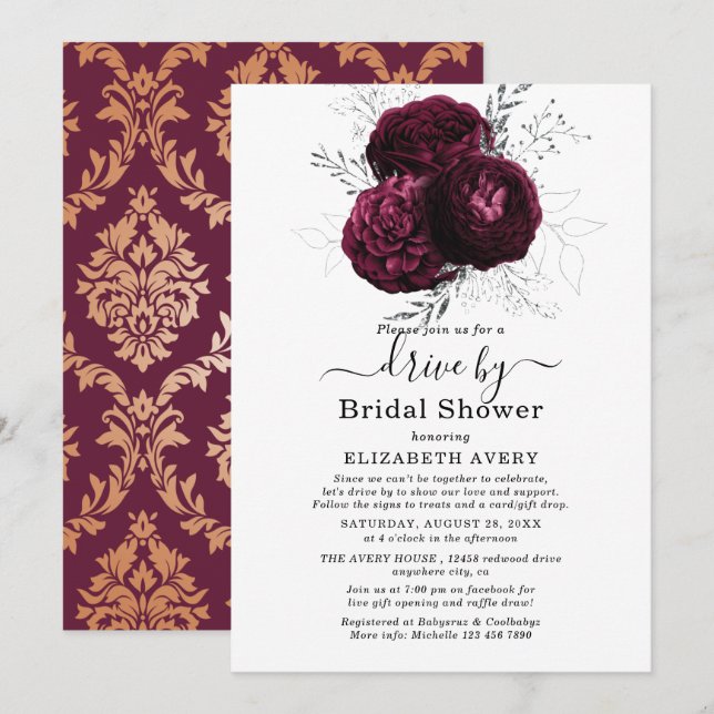 Drive By Bridal Shower Burgundy Floral Wedding Invitation (Front/Back)