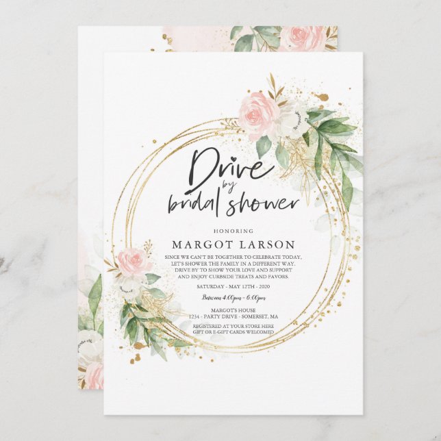 Drive By Bridal Shower Invitation Greenery & Gold (Front/Back)