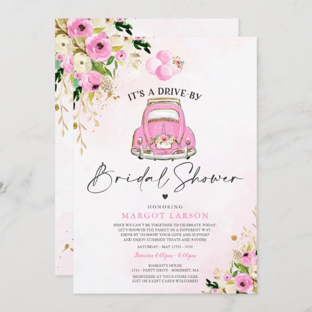 Drive By Bridal Shower Invitation Pink Floral (Front/Back)