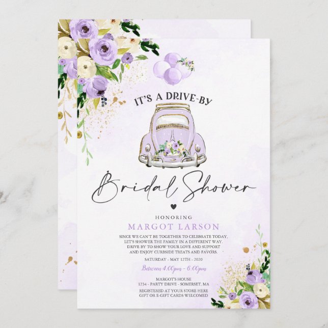 Drive By Bridal Shower Invitation Purple Floral (Front/Back)