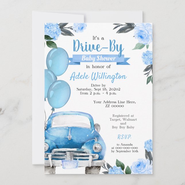 Drive By Car Blue Boy Rustic Baby Shower Invitation (Front)