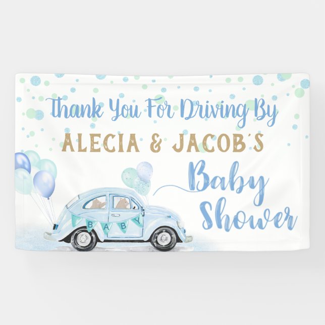 Drive By Car Boy Baby Shower Thank You Blue Gold Banner (Horizontal)