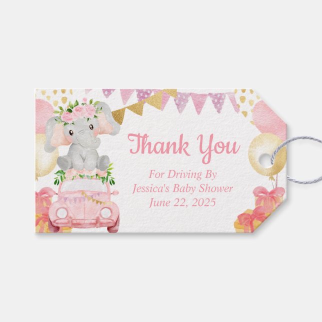 Drive By Elephant Baby Shower Thank You Tag (Front (Horizontal))