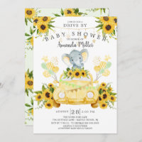 Drive By Elephant Neutral Baby Shower Invitation