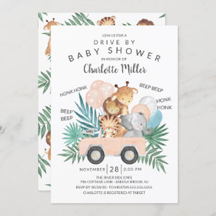 Drive By Jungle Animals Girls Baby Shower Invitation