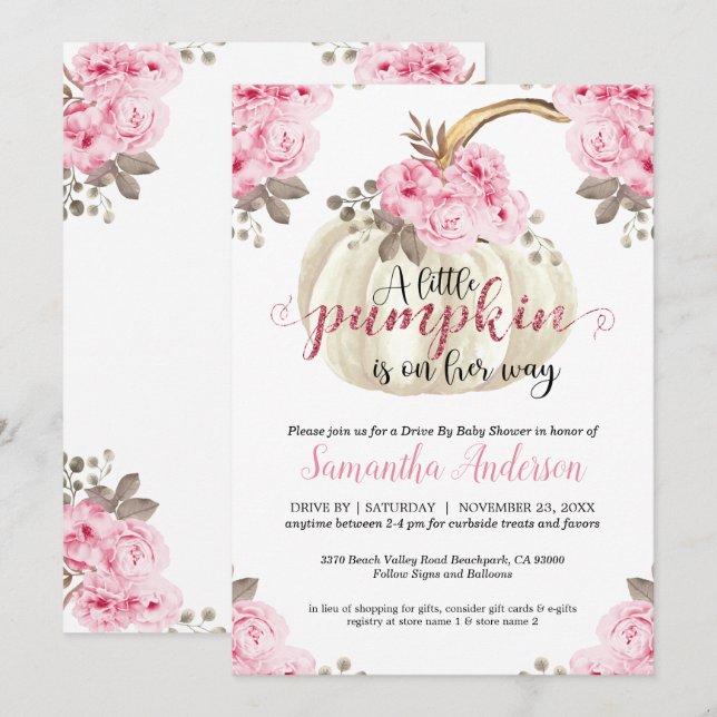 Drive By Little Pumpkin Pink Floral Baby Shower Invitation (Front/Back)