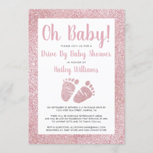 Drive By Oh Baby Pink Glitter Feet Baby Shower Invitation