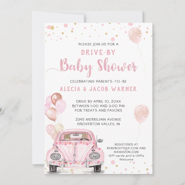 Drive By Pink Car Balloons Confetti Baby Shower Invitation (Front)