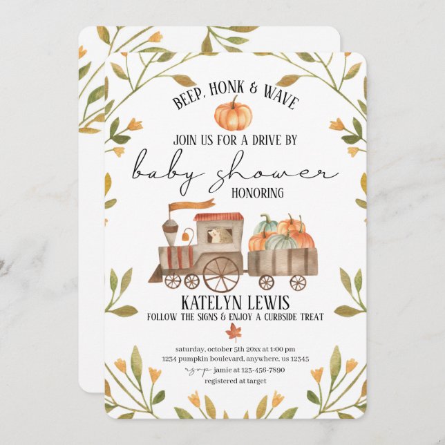 Drive By Pumpkin Baby Shower Invitation with Train (Front/Back)