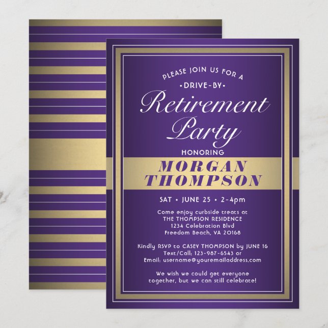 Drive-By Retirement Party Purple White and Gold Invitation (Front/Back)