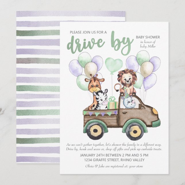 Drive By Safari Truck and Cute Animals Baby Shower Invitation (Front/Back)