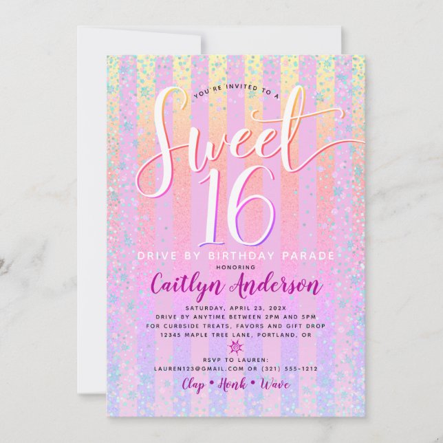 Drive By Sweet 16 Birthday Girly Rainbow Ombre Invitation (Front)
