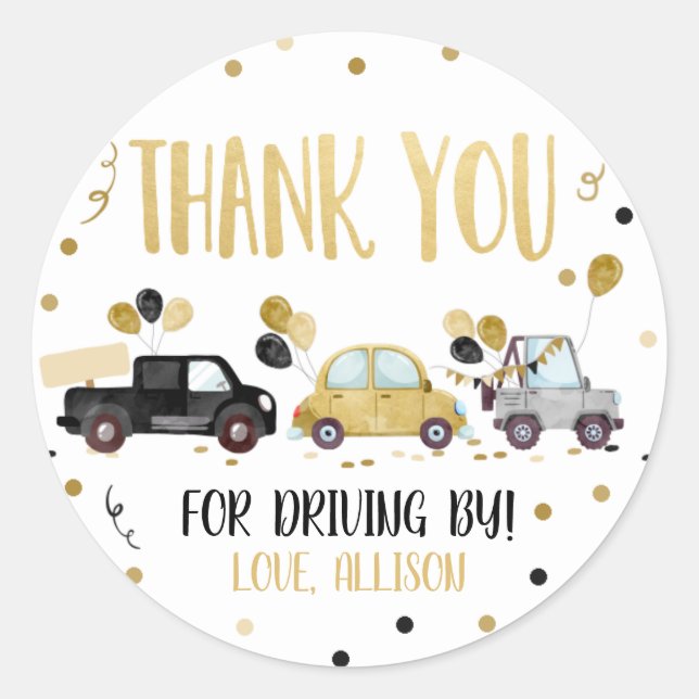 Drive By Thank You Car Gold Girl Parade Party Classic Round Sticker (Front)