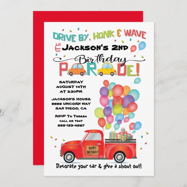 Drive by Truck BIrthday Party Parade Invitation (Front/Back)