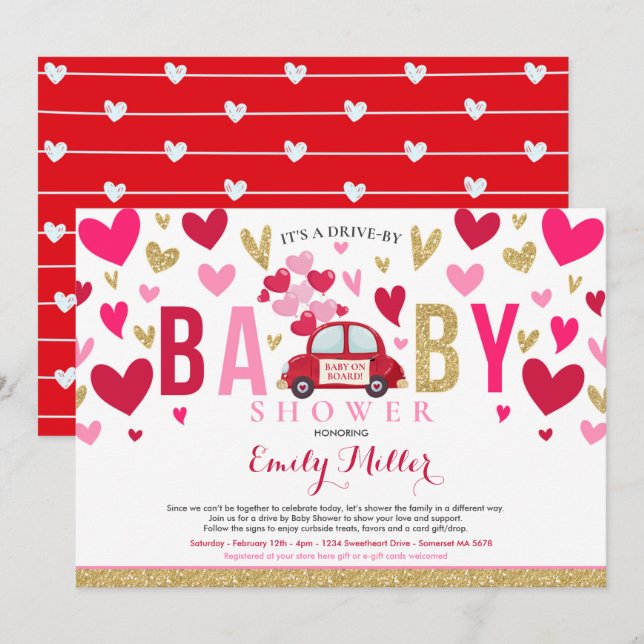 Drive By Valentine Baby Shower Sweetheart Red Pink Invitation (Front/Back)