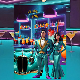 Drive-in Cocktail Bar Birthday Party Colourful Fun Invitation