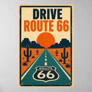 Drive Route 66 Vintage Americana Desert Highway Poster