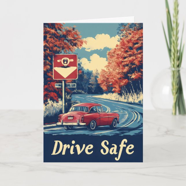 Drive Safe Retro Car Holiday Card (Front)