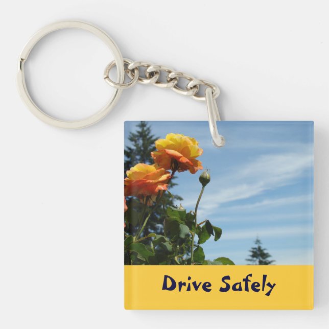 Drive Safely keychains Orange Rose Flower Driving (Front)