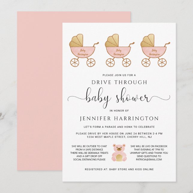 Drive Through Baby Girl Shower Retro Carriage Pink Invitation (Front/Back)