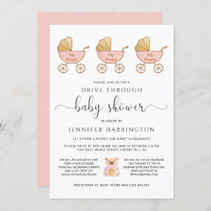 Drive Through Baby Girl Shower Retro Carriage Pink Invitation