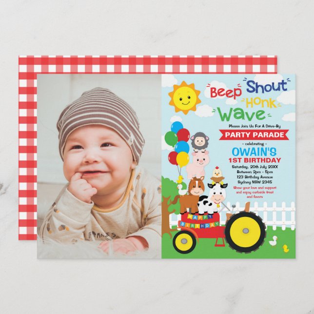 Drive Through Birthday Parade Farm Party Animals Invitation (Front/Back)