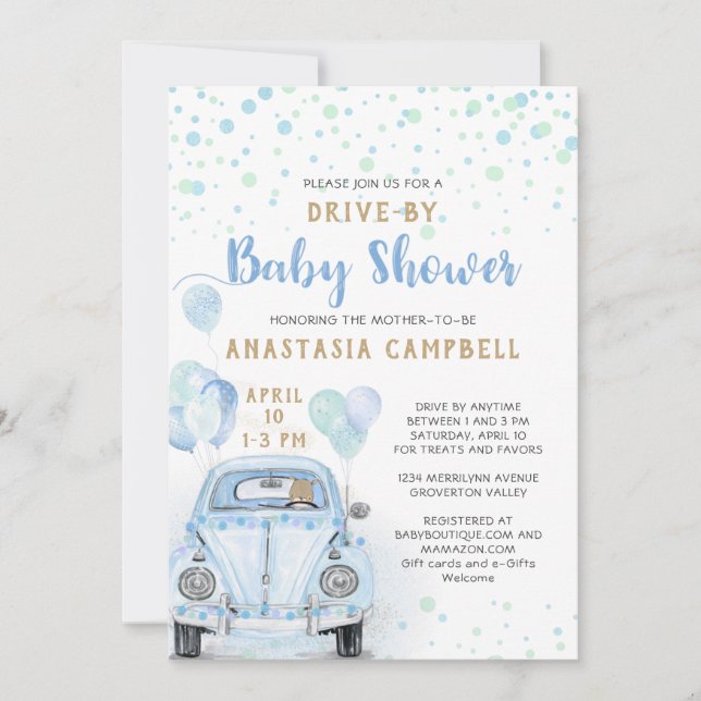 Drive Through Boy Baby Shower Blue Car Gold Invitation (Front)