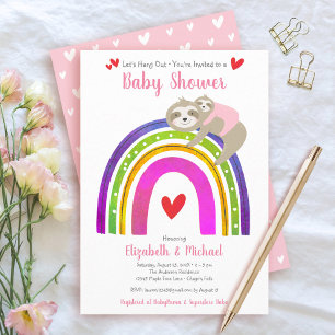 Drive Through Girl Baby Shower Cute Sloths Rainbow Invitation