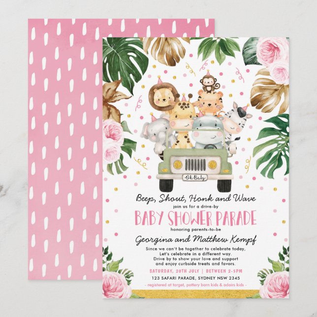 Drive Through Girl Baby Shower Pink Floral Safari Invitation (Front/Back)