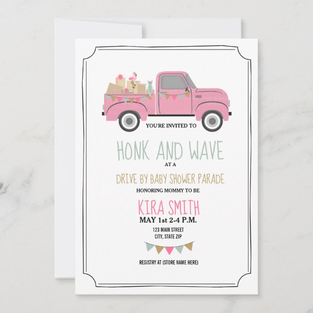 Drive Thru Baby Shower Vintage Pink Truck Invitation (Front)