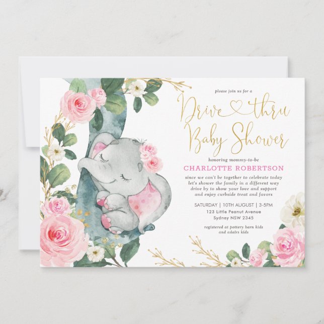 Drive Thru Pink Gold Elephant Girl Baby Shower Invitation (Front)