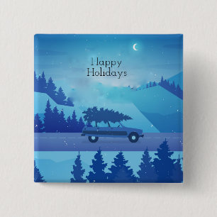 Driving down the road with a christmas tree     15 cm square badge