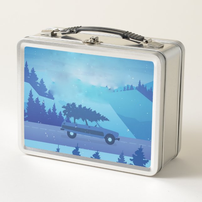 Driving down the road with a christmas tree        metal lunch box (Front)