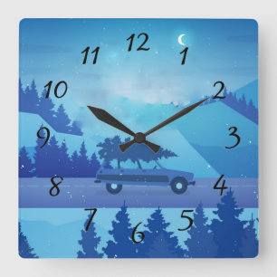 Driving down the road with a christmas tree square wall clock