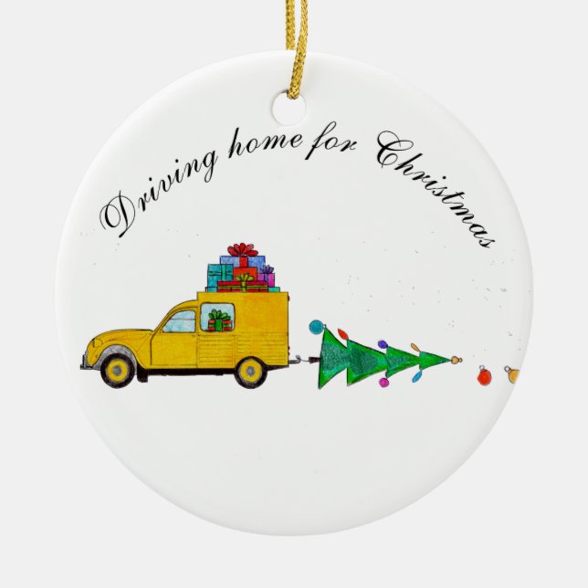 "Driving home for Christmas" car with gifts Ceramic Tree Decoration (Front)