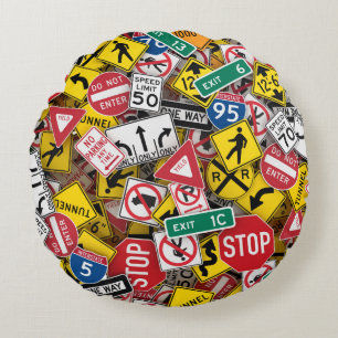 Driving Instructor Fun Road Sign Collage Round Cushion