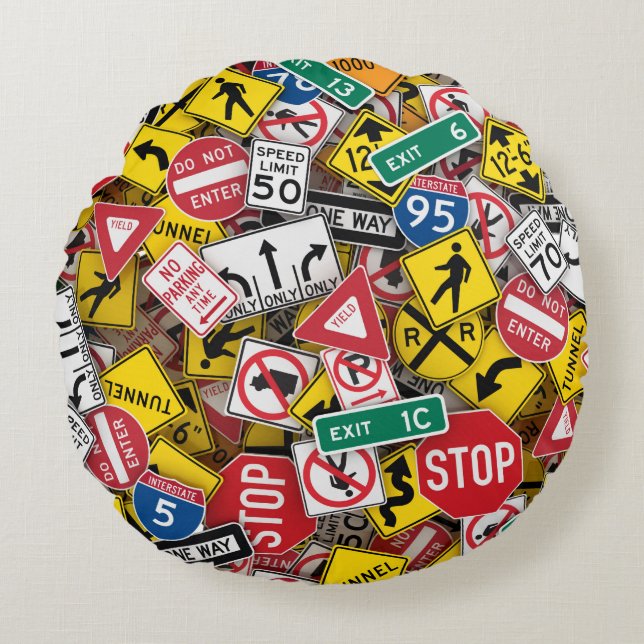 Driving Instructor Fun Road Sign Collage Round Cushion (Front)