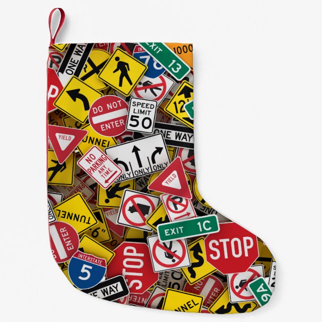 Driving Instructor Fun Road Sign Collage Small Christmas Stocking (Front)