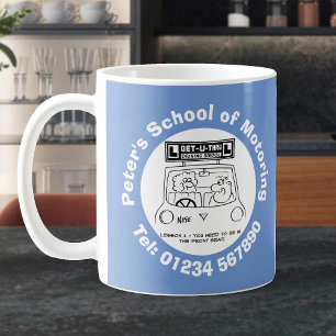 Driving School Fun Cartoon with Phone Number. Coffee Mug