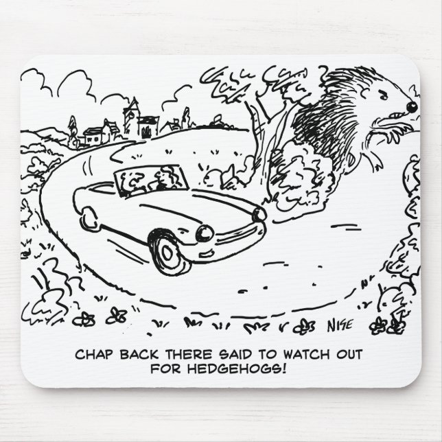 Driving Sports Car in Countryside with Hedgehog Mouse Pad (Front)