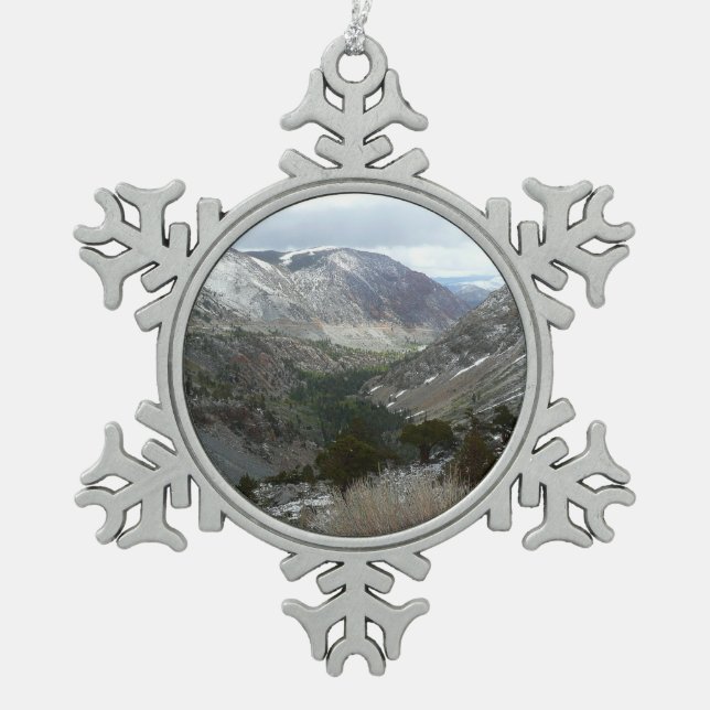 Driving Through the Snowy Sierra Nevada Mountains Snowflake Pewter Christmas Ornament (Front)