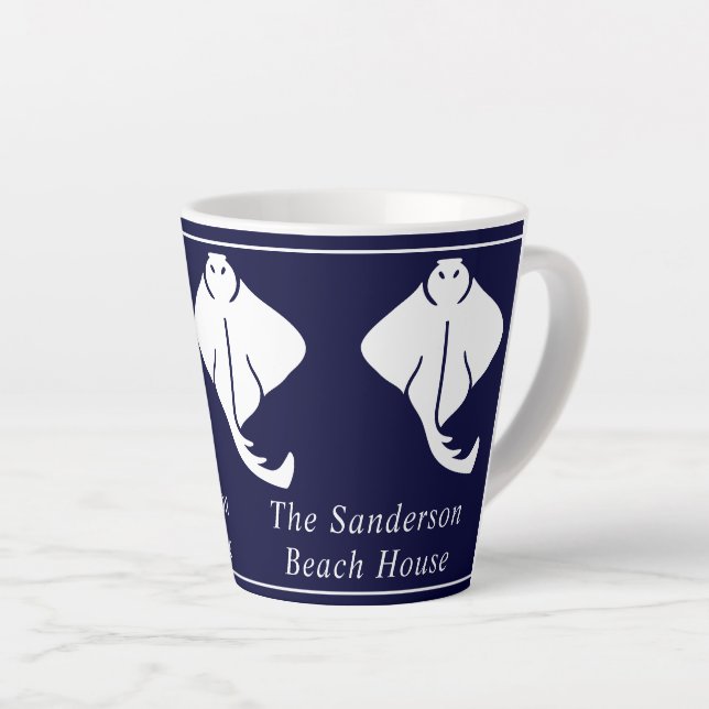 Drk Navy Blue Coastal Nautical Stingray Manta Ray Latte Mug (Right Angle)