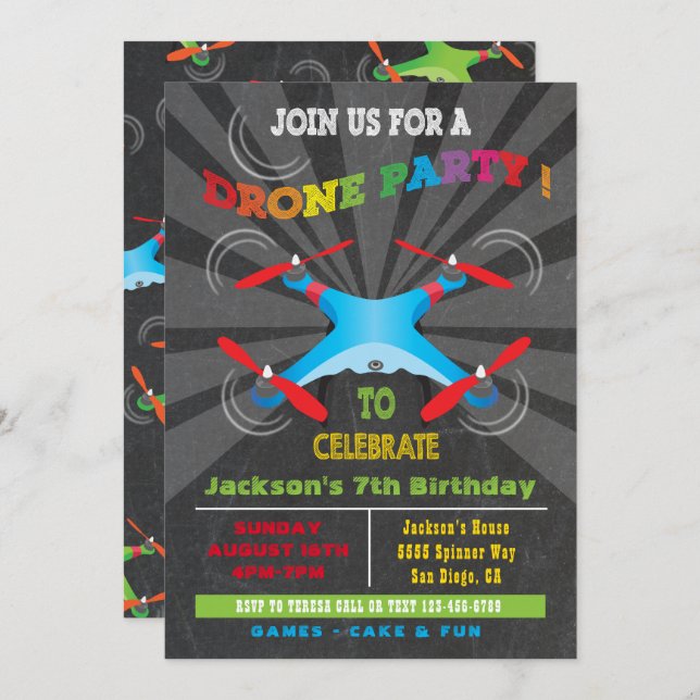 Drone Birthday Party Invitation (Front/Back)
