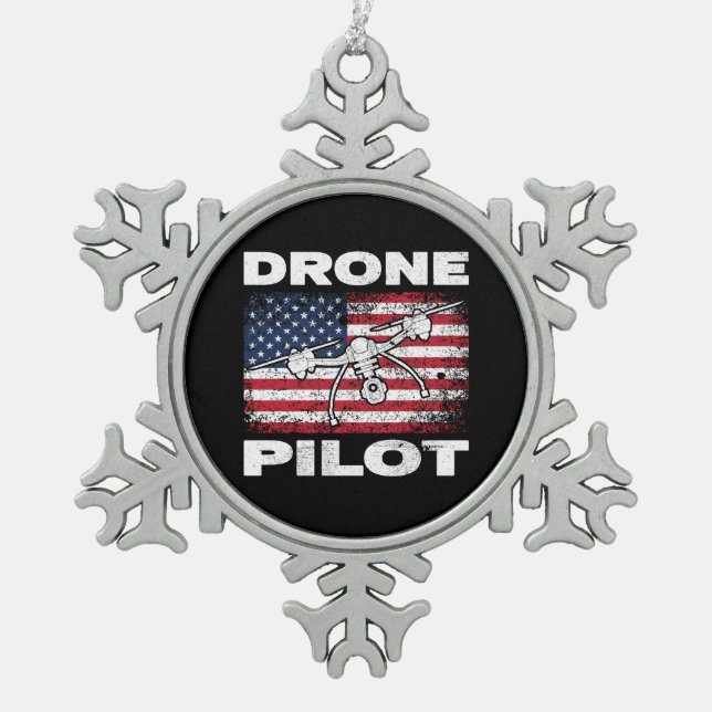 Drone Pilot Multirotor Quadcopter USA Flag Snowflake Pewter Christmas Ornament (Front)