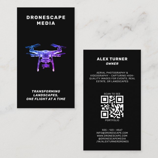 Drone UAV Pilot Photography QR Code Modern Black  Business Card (Front/Back)