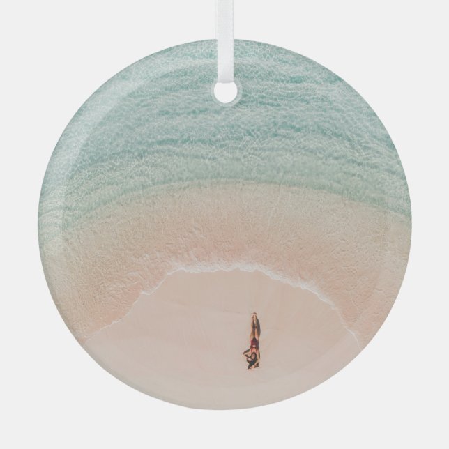 Drone View, Pink Beach Vacation. Glass Tree Decoration (Front)