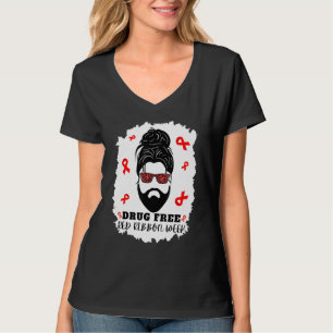 Drug Free Red Ribbon Week Messy Bun man with beard T-Shirt