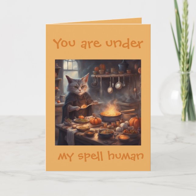 Druid Cat casts a spell on Halloween greeting card (Front)