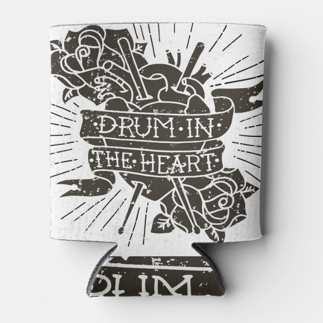Drum Heart: Vintage Hand-Drawn Illustration Can Cooler (Front)